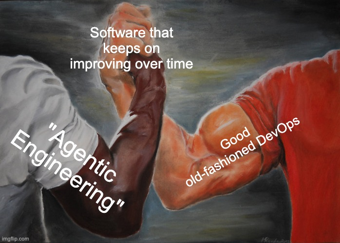 Arm-wrestling meme joining agentic engineering and good old-fashioned DevOps to create software that keeps improving over time