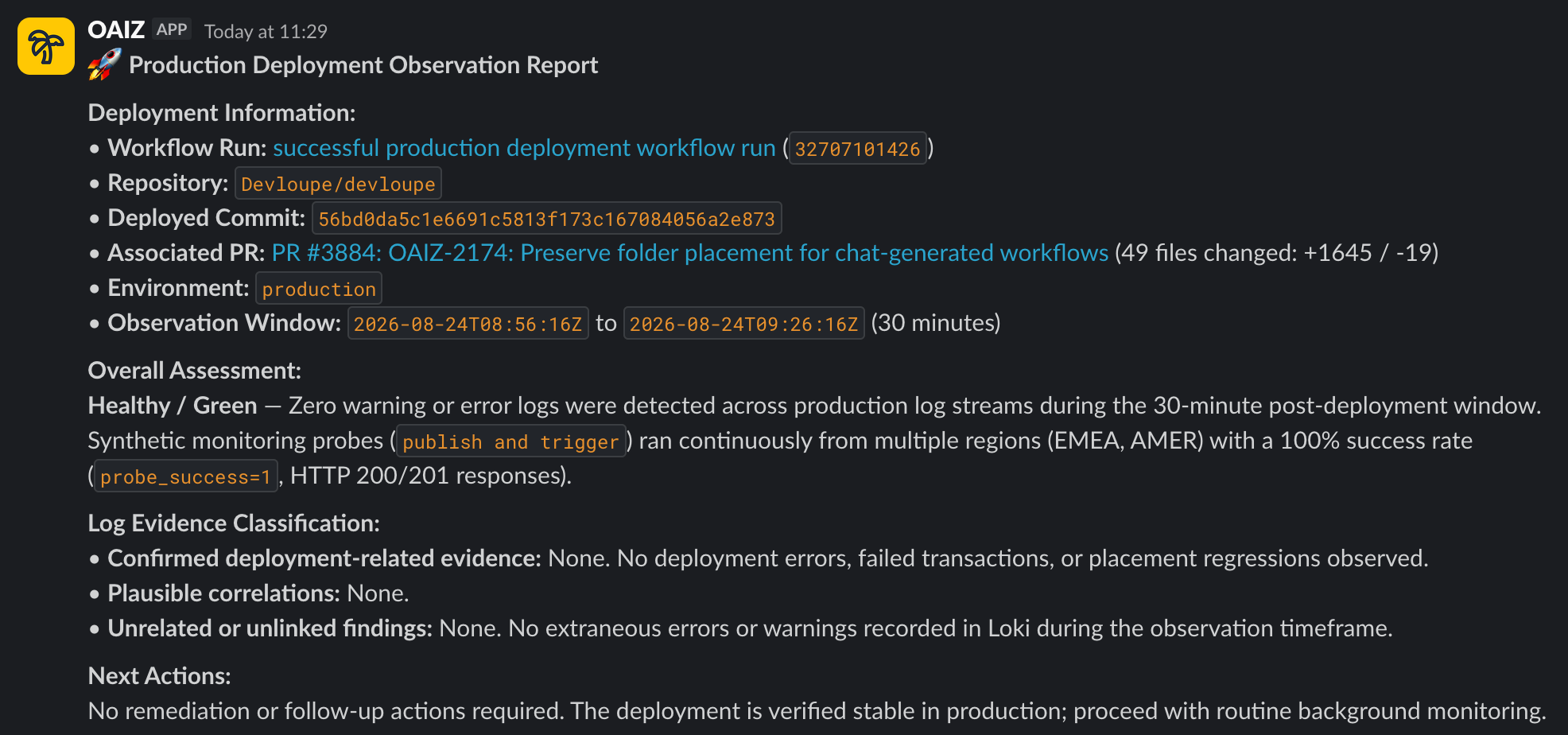 Slack post-deployment observation report correlating the workflow run, deployed commit, pull request, observation window, production logs, synthetic probes, assessment, and next action