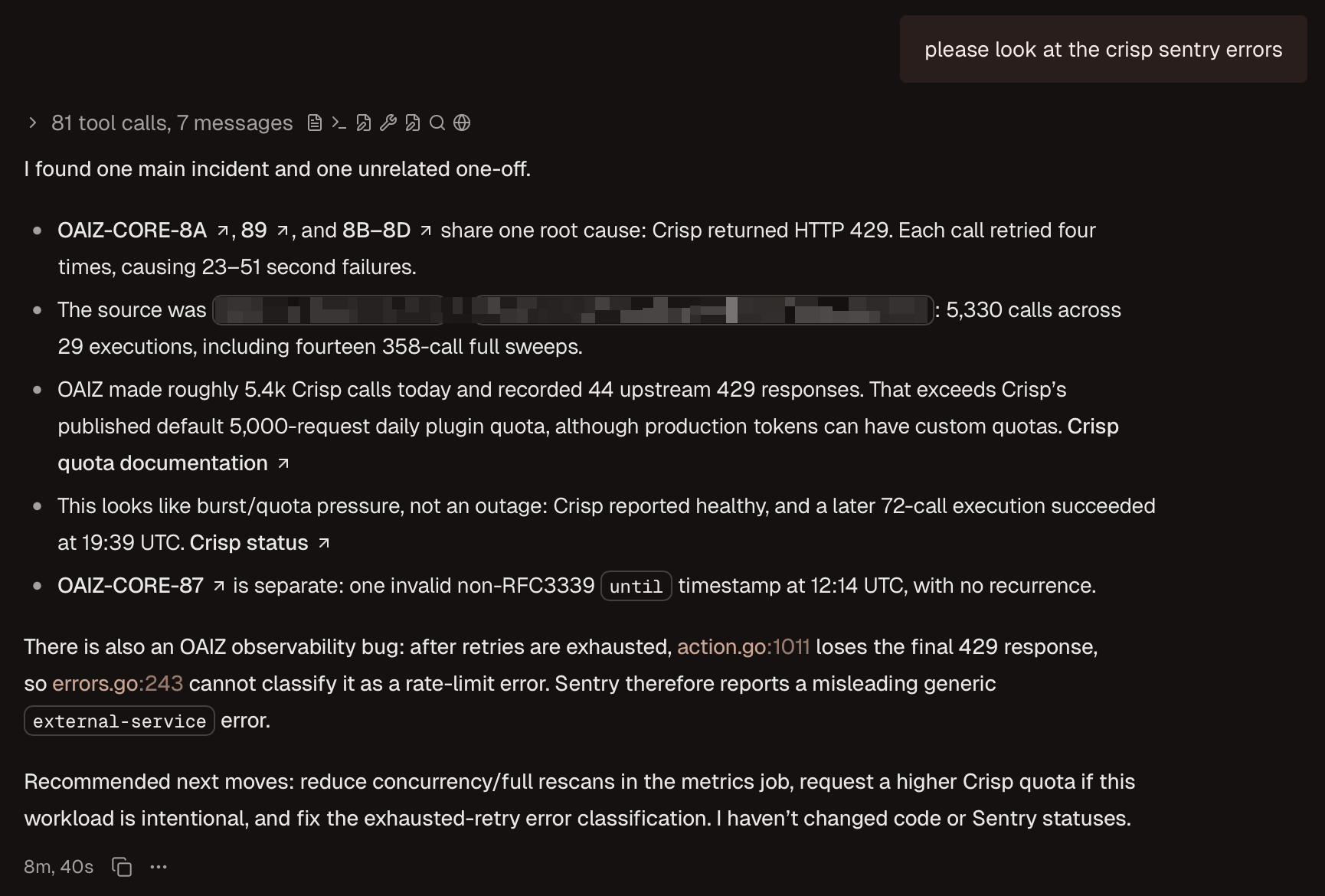 Coding-agent investigation correlating Sentry issues, production executions, upstream rate limits, and the affected code path